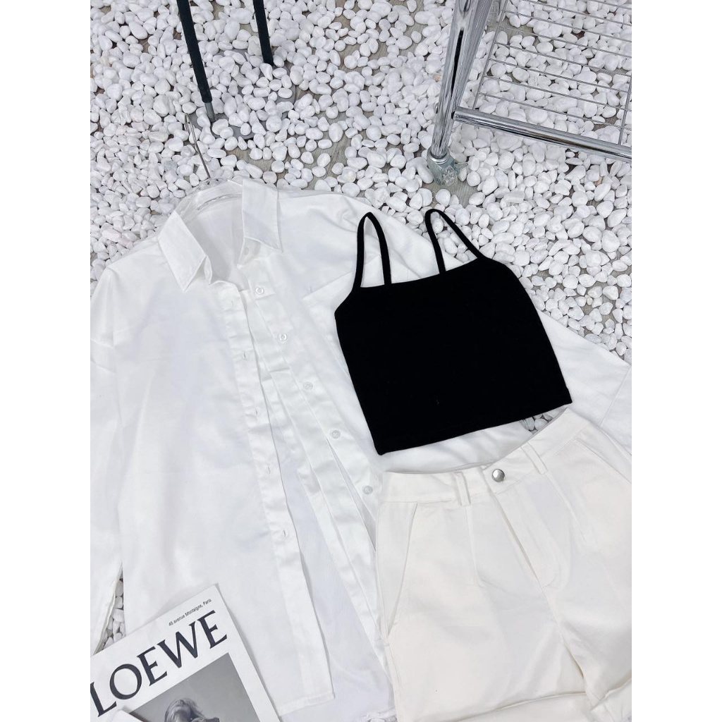 SET ÁO SƠ MI TRẮNG TÚI + ÁO DÂY ĐEN + SHORT TRẮNG