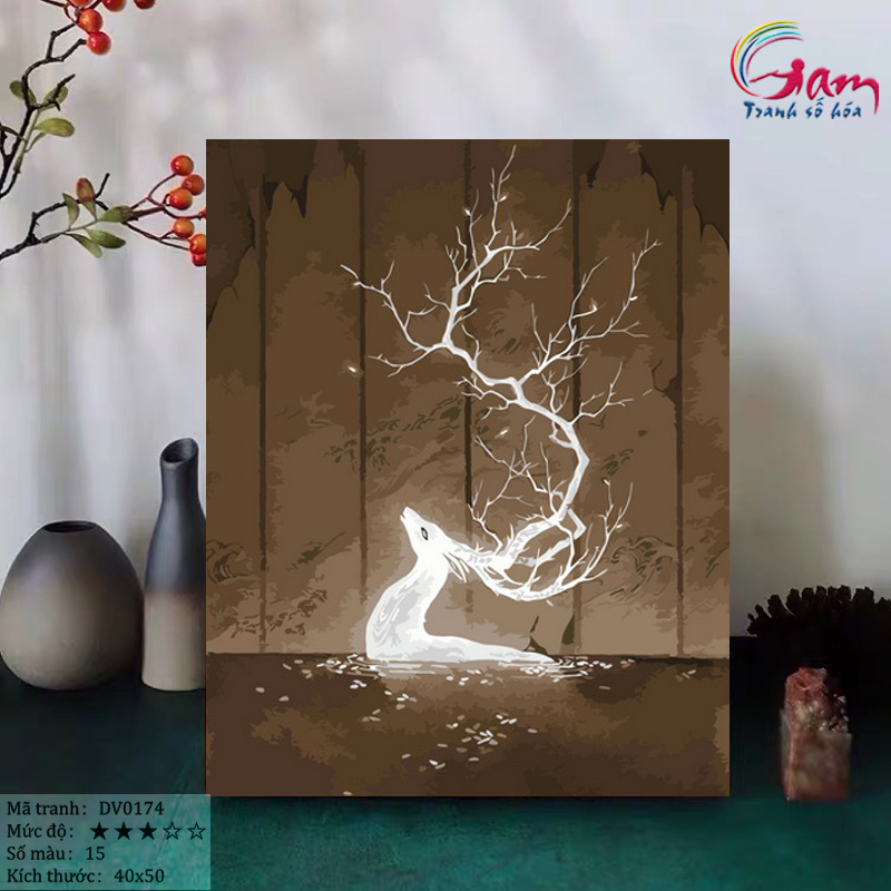 Tranh sơn dầu số hoá Gam hươu bạc căng khung 40x50cm DV0174