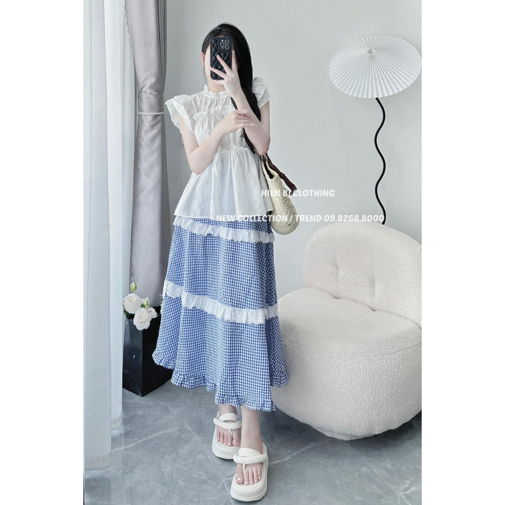 Sét váy nữ áo sát nách chất tơ trắng phối bèo mix chân váy xòe dài kẻ caro xanh chất đũi ren có lót fullsize tiểu thư sẵ