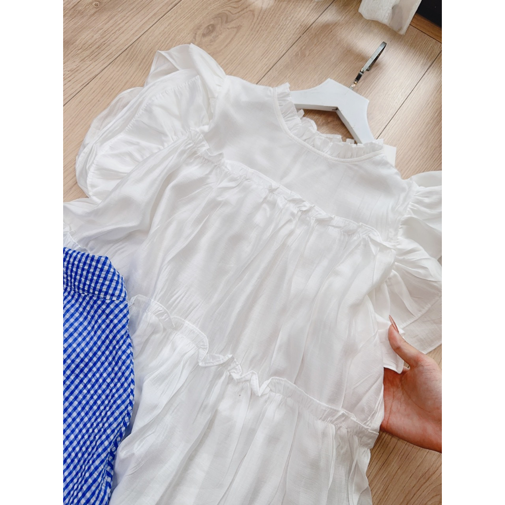 Sét váy nữ áo sát nách chất tơ trắng phối bèo mix chân váy xòe dài kẻ caro xanh chất đũi ren có lót fullsize tiểu thư sẵ