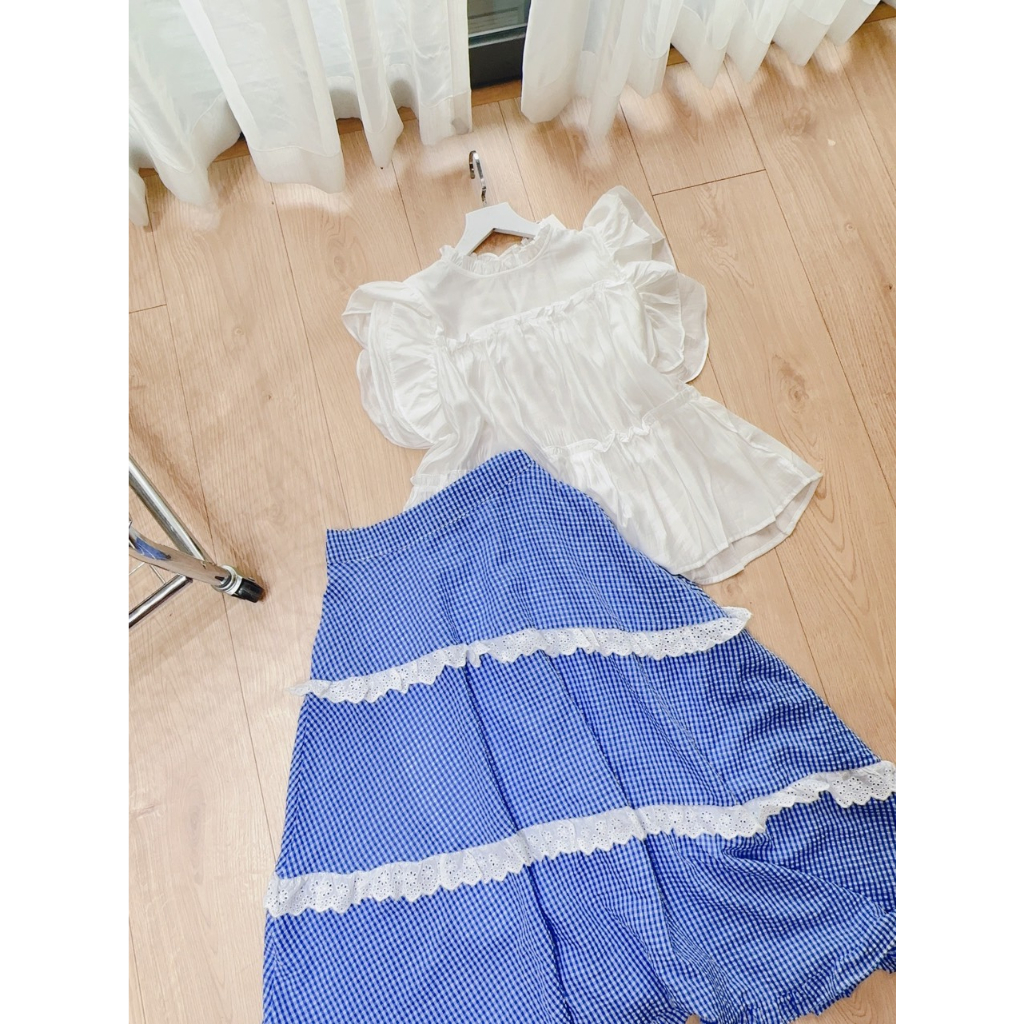 Sét váy nữ áo sát nách chất tơ trắng phối bèo mix chân váy xòe dài kẻ caro xanh chất đũi ren có lót fullsize tiểu thư sẵ