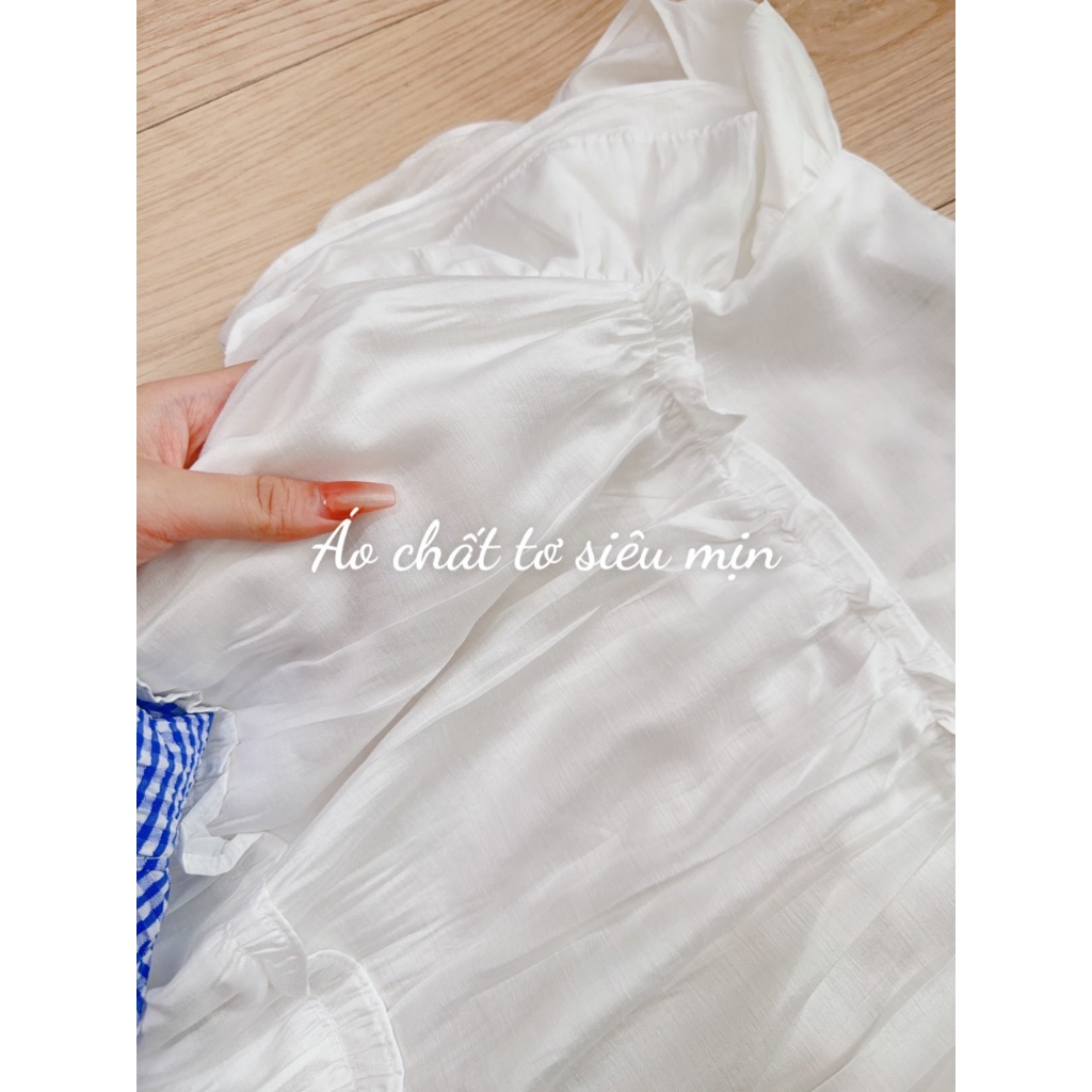 Sét váy nữ áo sát nách chất tơ trắng phối bèo mix chân váy xòe dài kẻ caro xanh chất đũi ren có lót fullsize tiểu thư sẵ