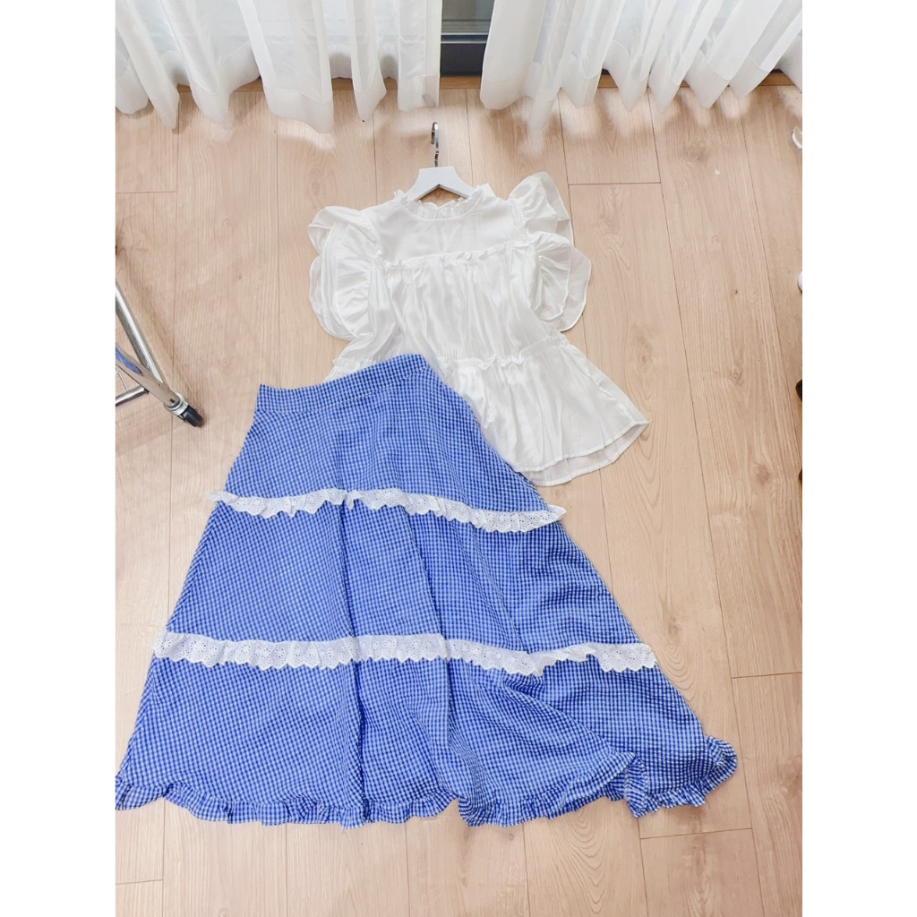 Sét váy nữ áo sát nách chất tơ trắng phối bèo mix chân váy xòe dài kẻ caro xanh chất đũi ren có lót fullsize tiểu thư sẵ