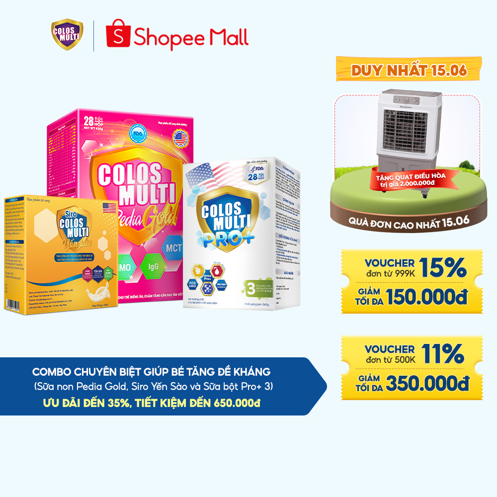 1 hộp sữa non Colosmulti Pedia Gold + 1 hộp sữa bột Pro+ 3 + 1 hộp Siro yến sào