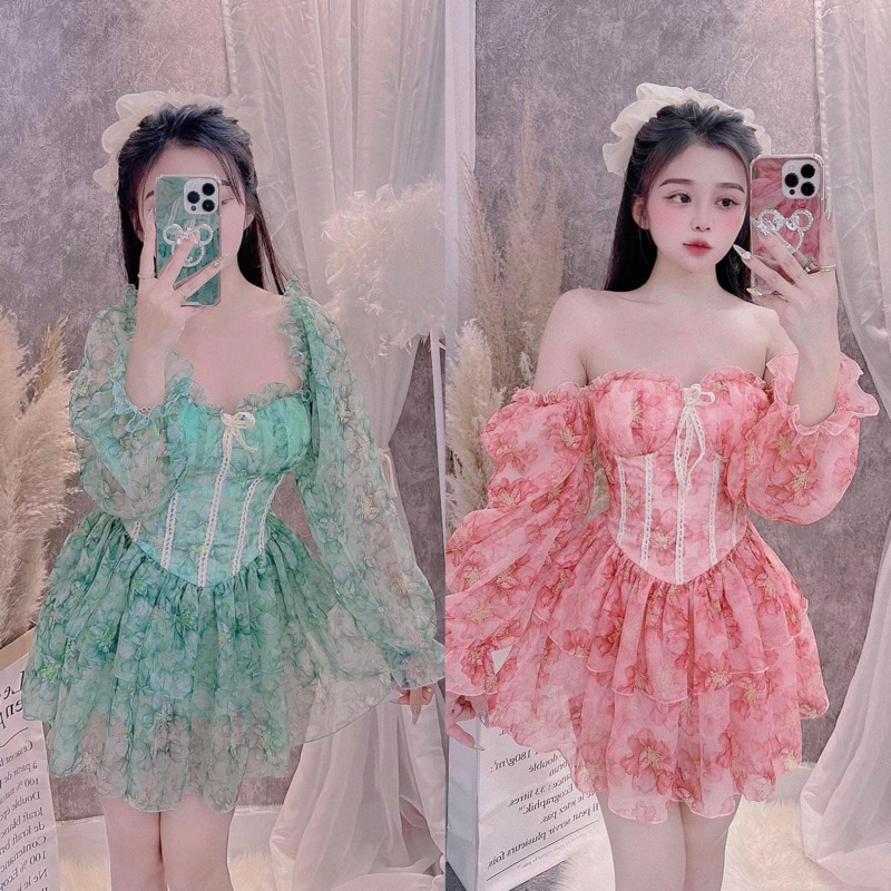 Đầm Cúp Ngực Viền Bèo Hoa Voan Tơ Tay Dài Dáng Xoè Tầng