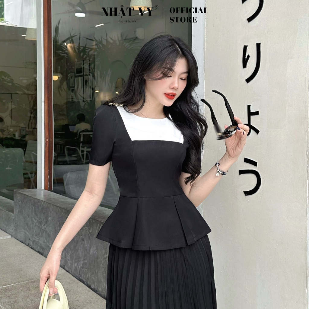 Áo peplum công sở Nhật Vy cổ tròn tay ngắn đính cúc cách điệu chất lụa phù hợp đi chơi dạo phố - D2776
