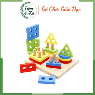 Bộ thả hình khối 4 cọc trụ bằng gỗ, đồ chơi trí tuệ cho bé học hình khối, học màu sắc