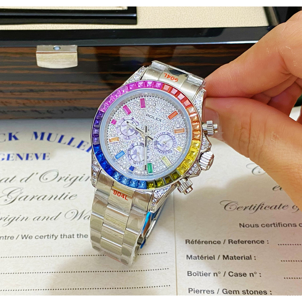 Đồng hồ Nam Rolex 6kim vành đá màu mặt đá chạy cơ máy nhật số gạch đá màu 40mm dòng cơ Automatic vỏ trắng