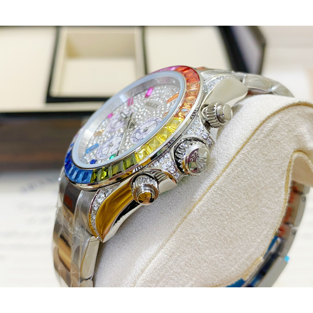 Đồng hồ Nam Rolex 6kim vành đá màu mặt đá chạy cơ máy nhật số gạch đá màu 40mm dòng cơ Automatic vỏ trắng