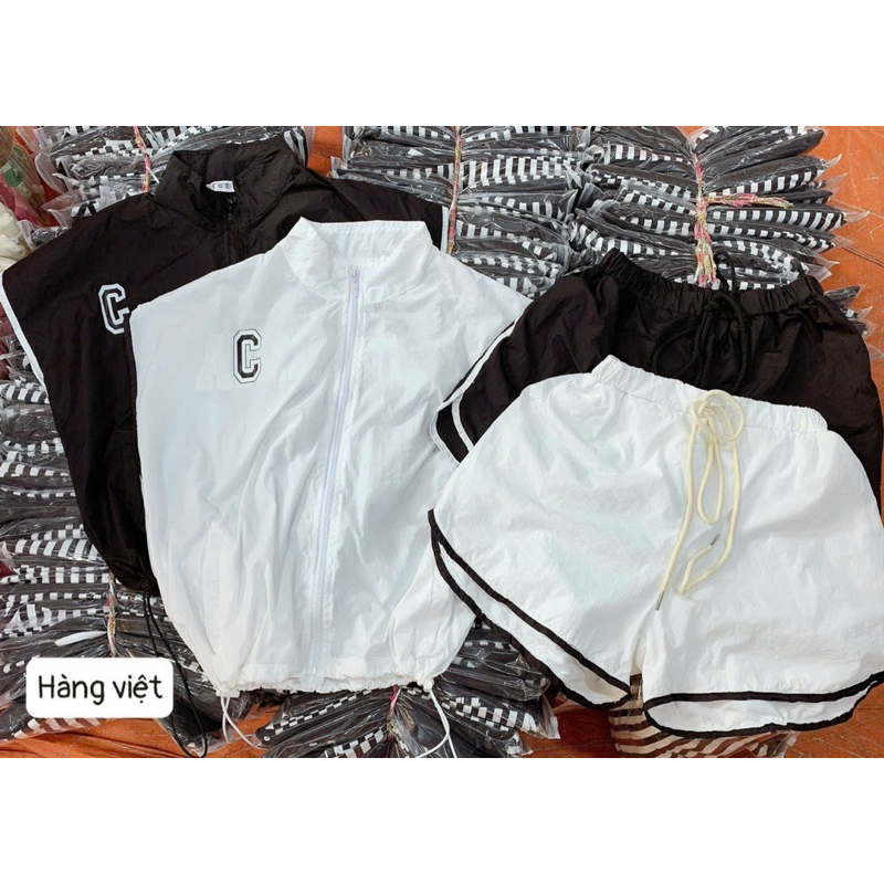Set Bộ Thể Thao Gió CA.LI.FOR.NI.A Croptop Khoá Kéo + Quần Short Đùi Viền