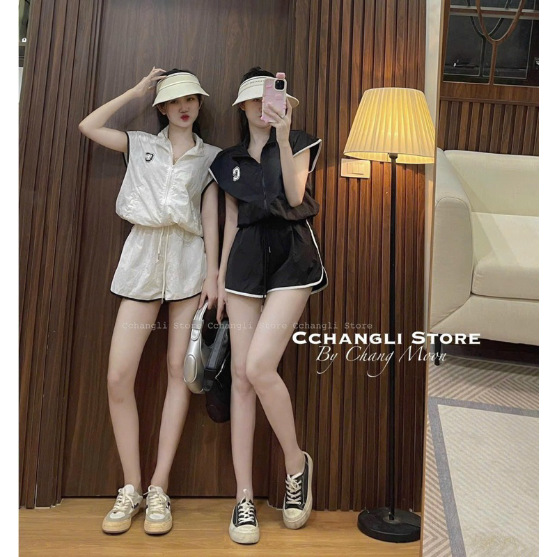 Set Bộ Thể Thao Gió CA.LI.FOR.NI.A Croptop Khoá Kéo + Quần Short Đùi Viền