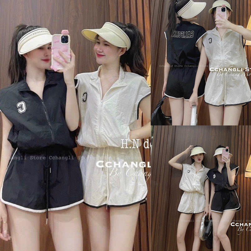 Set Bộ Thể Thao Gió CA.LI.FOR.NI.A Croptop Khoá Kéo + Quần Short Đùi Viền