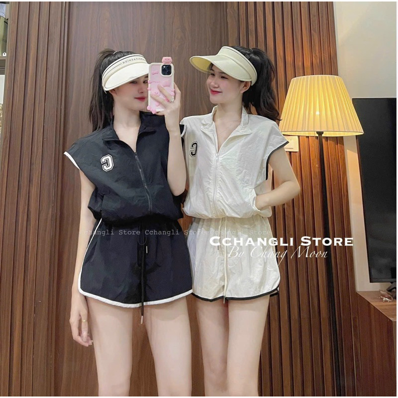 Set Bộ Thể Thao Gió CA.LI.FOR.NI.A Croptop Khoá Kéo + Quần Short Đùi Viền