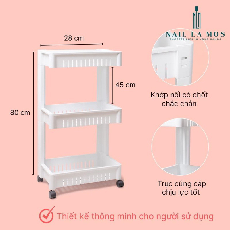 Kệ 3 tầng trắng để các vật dụng làm bếp hay đồ nail đồ mi đều ok hết ạ xe cứng cáp nhỏ gọn có bánh xe duy chuyển tiện