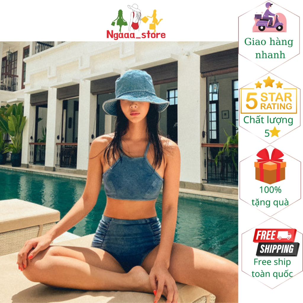 Đồ bơi nữ 2 mảnh BK, Bikini đi biển áo hai dây màu bò có đệm lót quần cạp cao nhúm hông phong cách hàn quốc trẻ trung