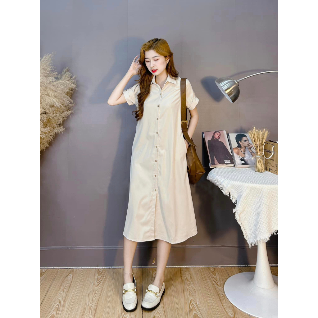 Váy sơ mi nữ NhunFashion Đầm thiết kế cao cấp dáng dài tay gập kèm đai eo tiểu thư xinh xắn N94