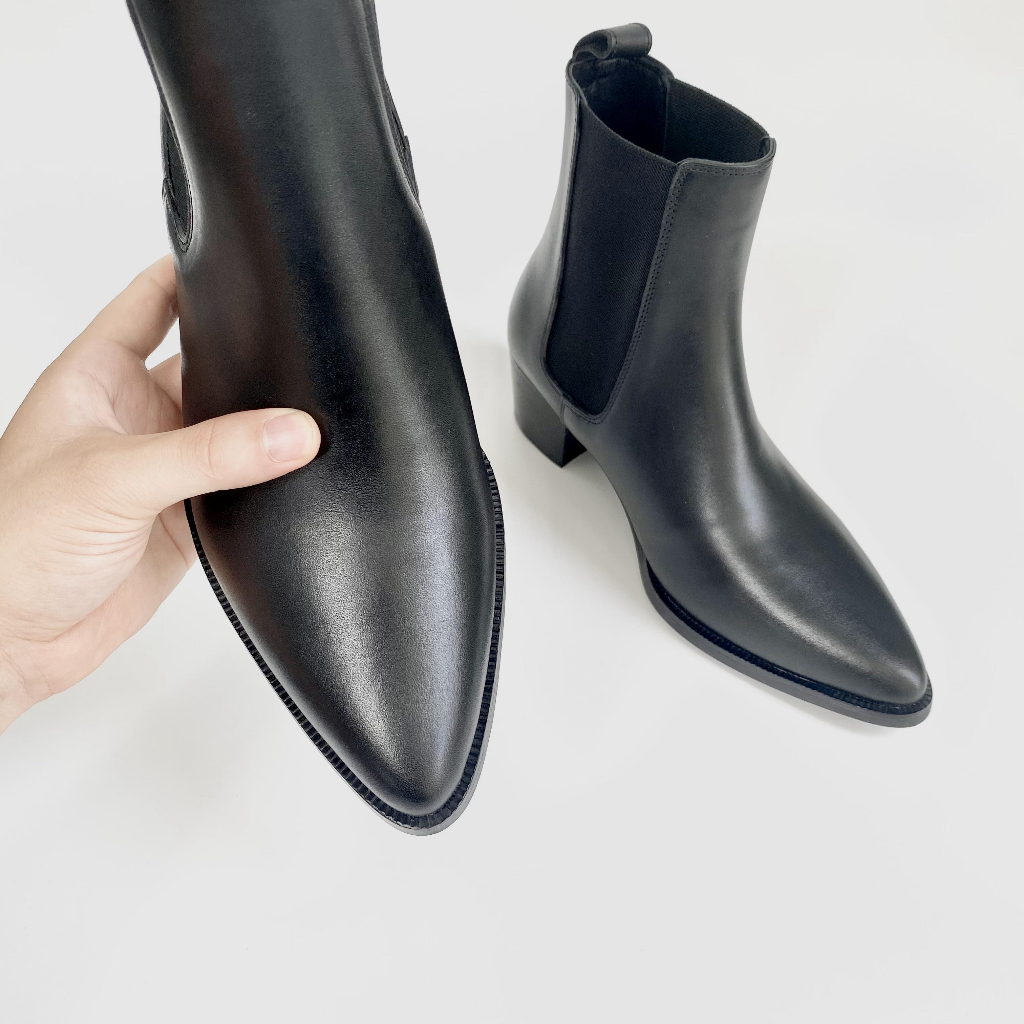 Giày Chelsea Boots Da Bò Nguyên Tấm Nhập Khẩu Đế Gỗ Cao 5cm