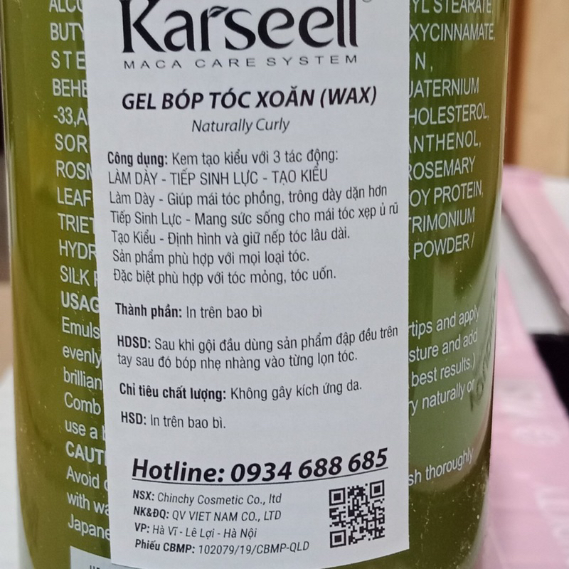 [Tặng mũ trùm] Gel bóp tóc uốn xoăn Karseell Naturally Curly (gel mềm) 500ml