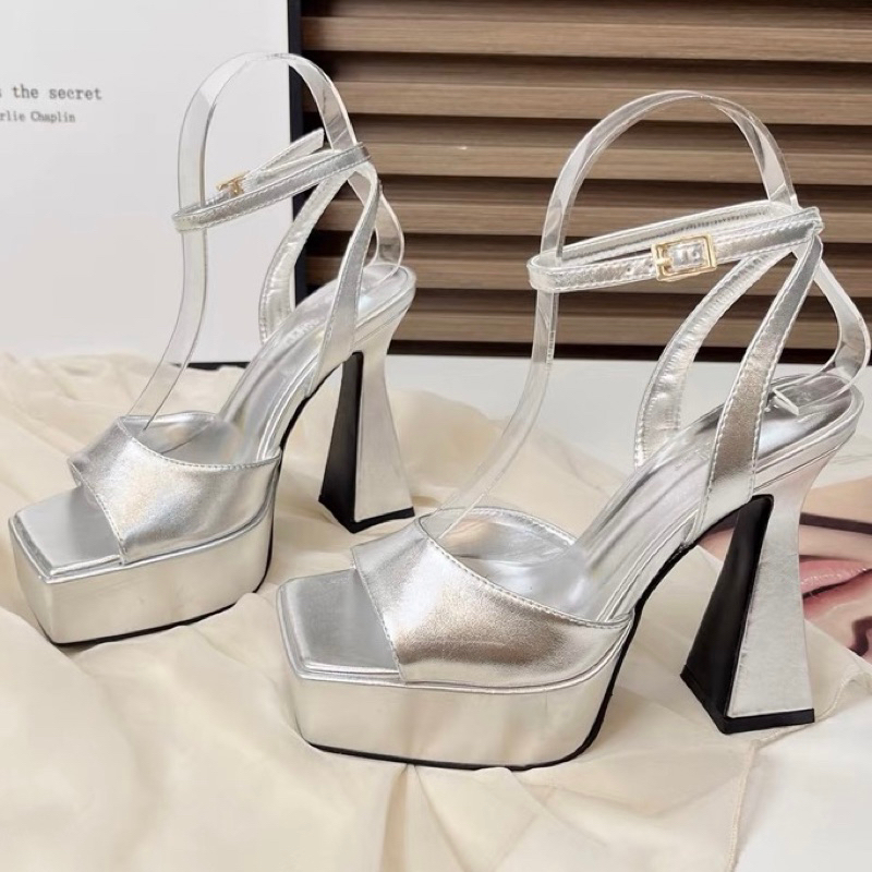 ORDER 🌹 Giày gót đúp da trơn mũi vuông bạc , đen , trắng 11cm 35-39