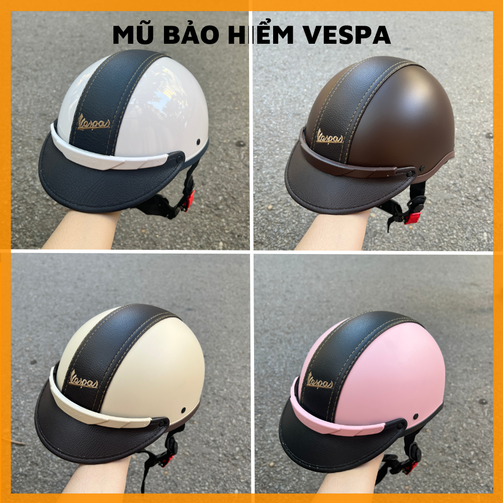 Mũ bảo hiểm nửa đầu Vespa Phối Da cao cấp,nón bảo hiểm Vespa 3 lớp có khoét sau cho nữ búi tóc_thế giới nón
