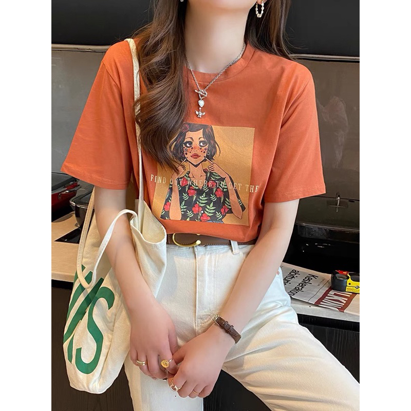 Áo thun nữ form rộng phông cách Hàn Quốc, áo thun nữ cotton 100% in hình cô gái