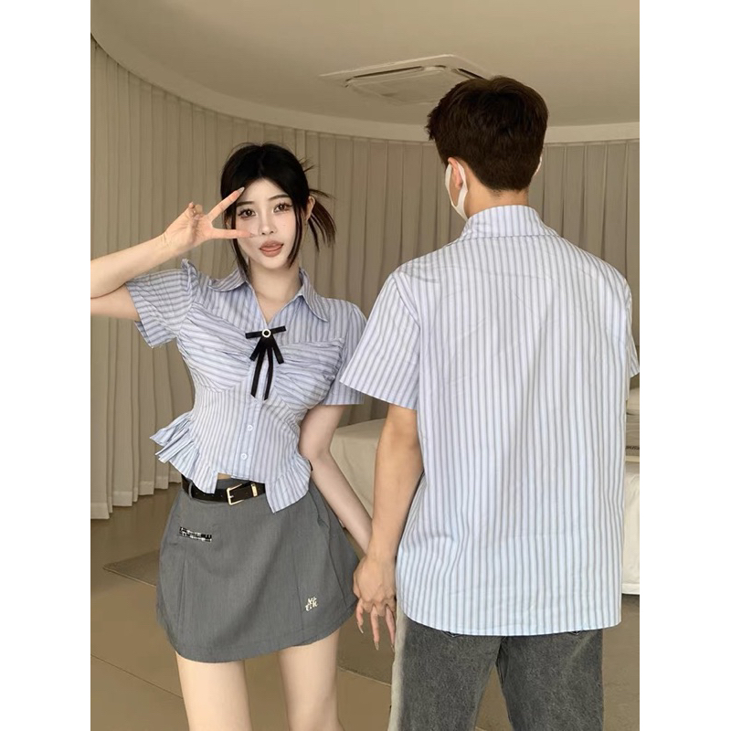 Set áo váy sơ mi couple kẻ sọc phối phong cách Ligré