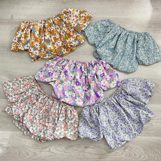 Áo voan trễ vai hoa vintage, áo trễ vai tay phồng