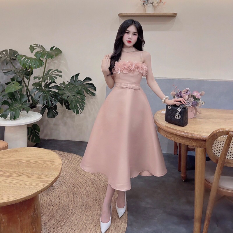 Váy 2 dây dáng dài tapta cánh hoa nơ eo