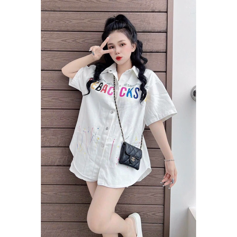 Sét áo sơ mi quần đùi vải jean màu trắng in vẩy sơn và chữ siêu hot ảnh thật 100%