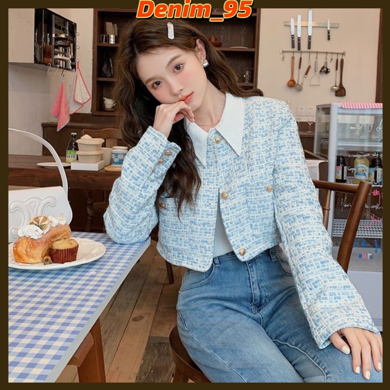 Áo dạ tweed xanh Ngọc, croptop phối cúc đồng