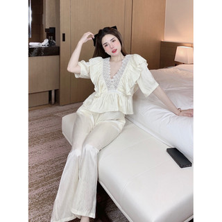 Bộ lụa phối ren bèo lớn, lụa xước sang , xịn, mịn