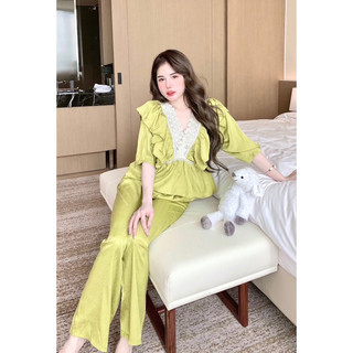 Bộ lụa phối ren bèo lớn, lụa xước sang , xịn, mịn