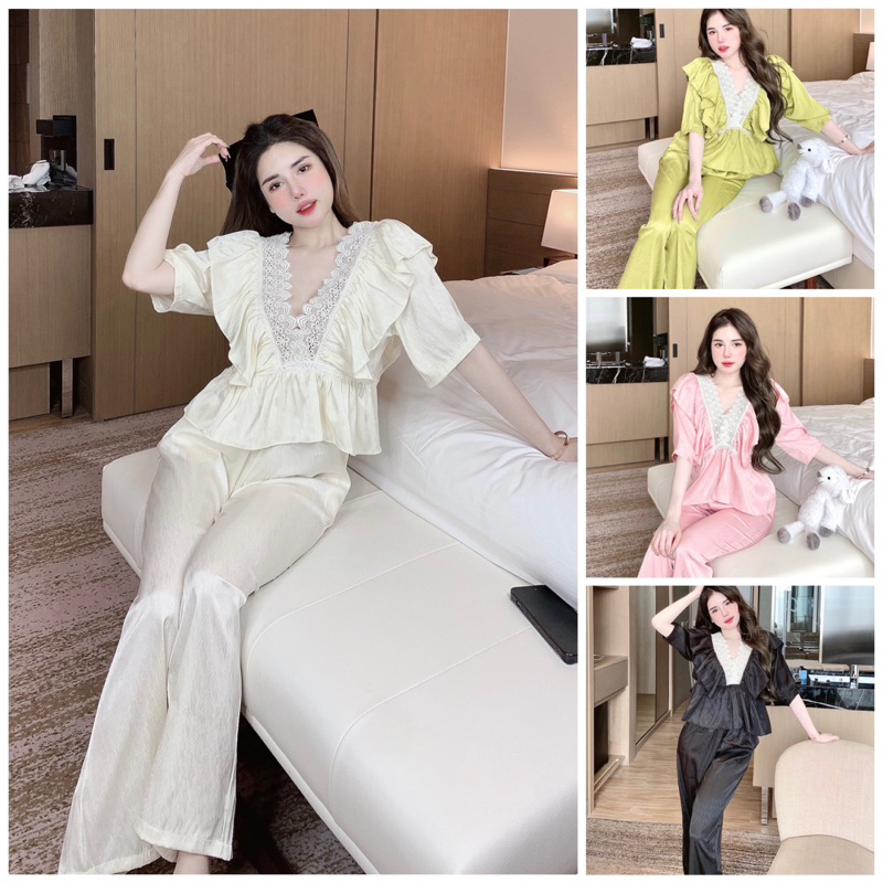 Bộ lụa phối ren bèo lớn, lụa xước sang , xịn, mịn