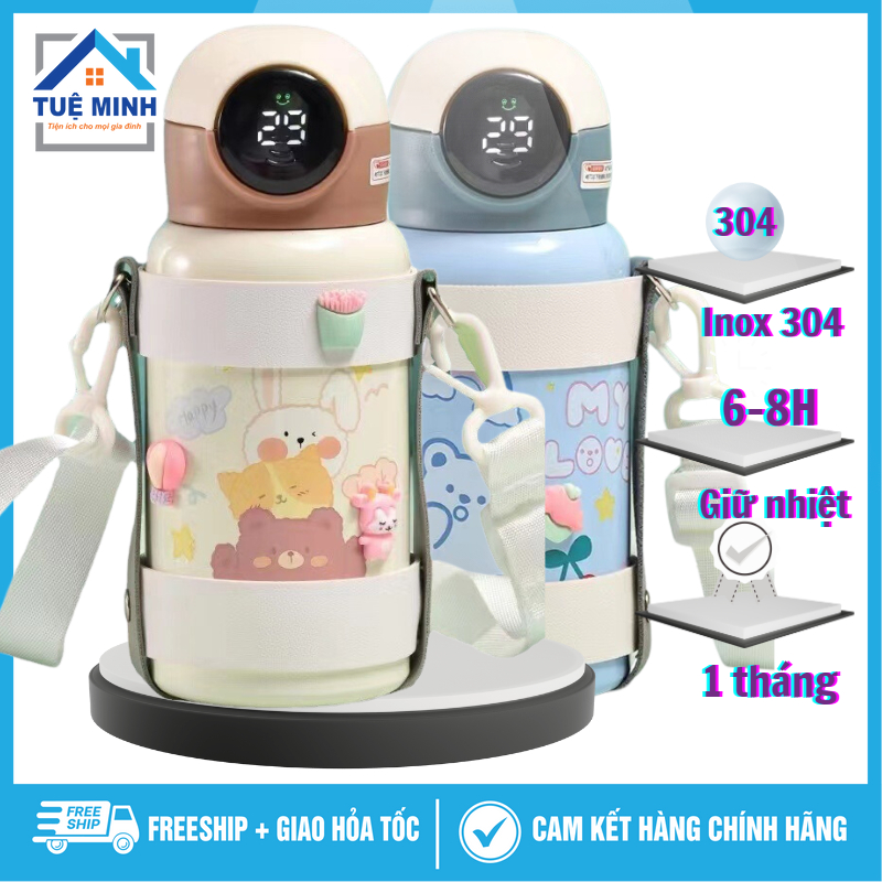 Bình giữ nhiệt 400ml inox 304 hiển thị nhiệt độ có dây quai đeo kèm stiker dễ thương,Bình nước cho bé pha sữa giữ ấm