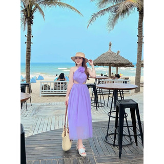 Đầm Cổ Yếm Thời Trang Nữ Đính Hoa Cổ Khoét Eo Chất Vải Lụa 100D Váy Có Mút Ngực Mặc đi Chơi Biển Dễ Thương,