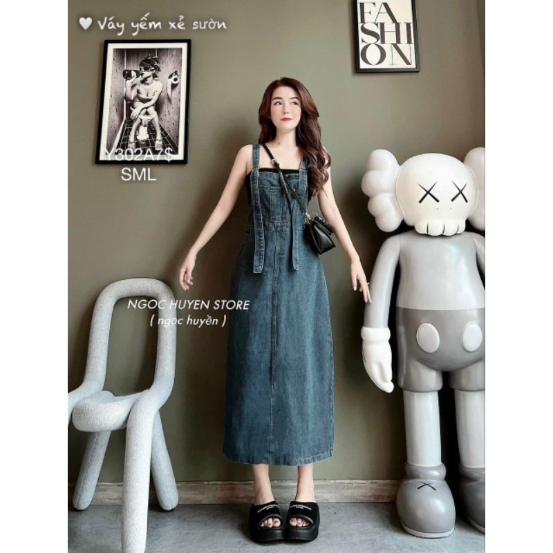 Váy Yếm Jeans Túi To Dáng Dài Xẻ Tà Sau ,Váy Bò Suông Phối Dây Yếm Ôm Body Vải Jeans Không Có Dãn - Y3026