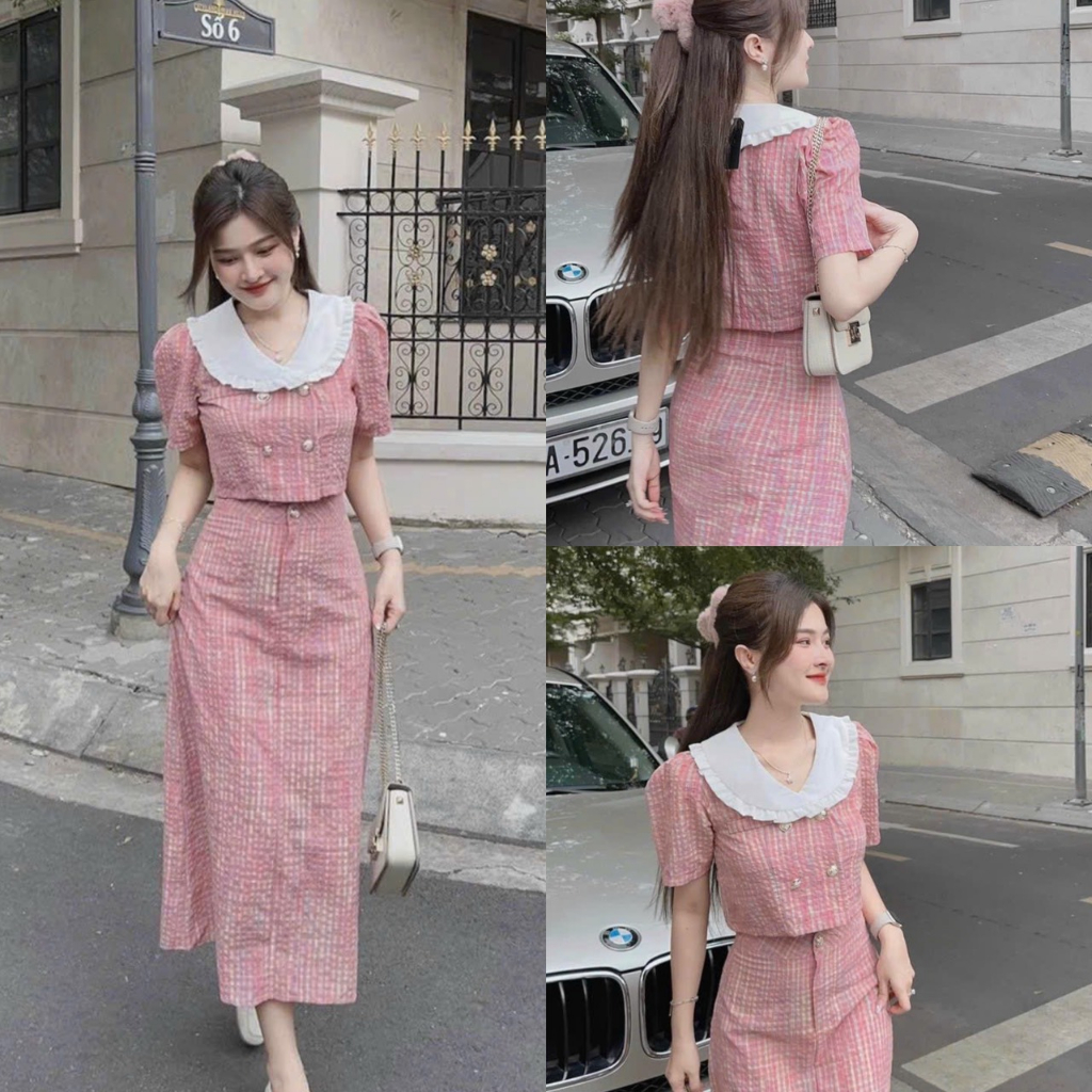 Set bộ đồ nữ áo đính nút phối viền tay phồng mix chân váy suông sang chảnh dành cho các nàng diện đi chơi