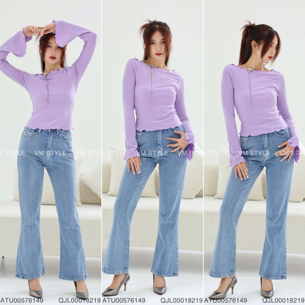 Quần jean nữ ống loe VMSTYLE thiết kế lai thường dáng suông trơn basic N195 Đ196 - QJL00018