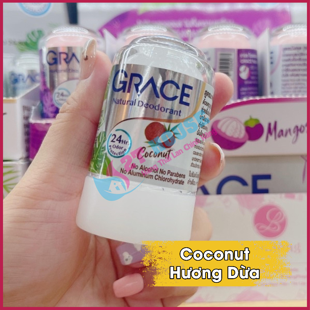 Lăn nách khử mùi đá khoáng hương tự nhiên/nha đam/măng cụt/dừa/nghệ Natural Deodorant Grace Thái Lan chai 70g 2T House