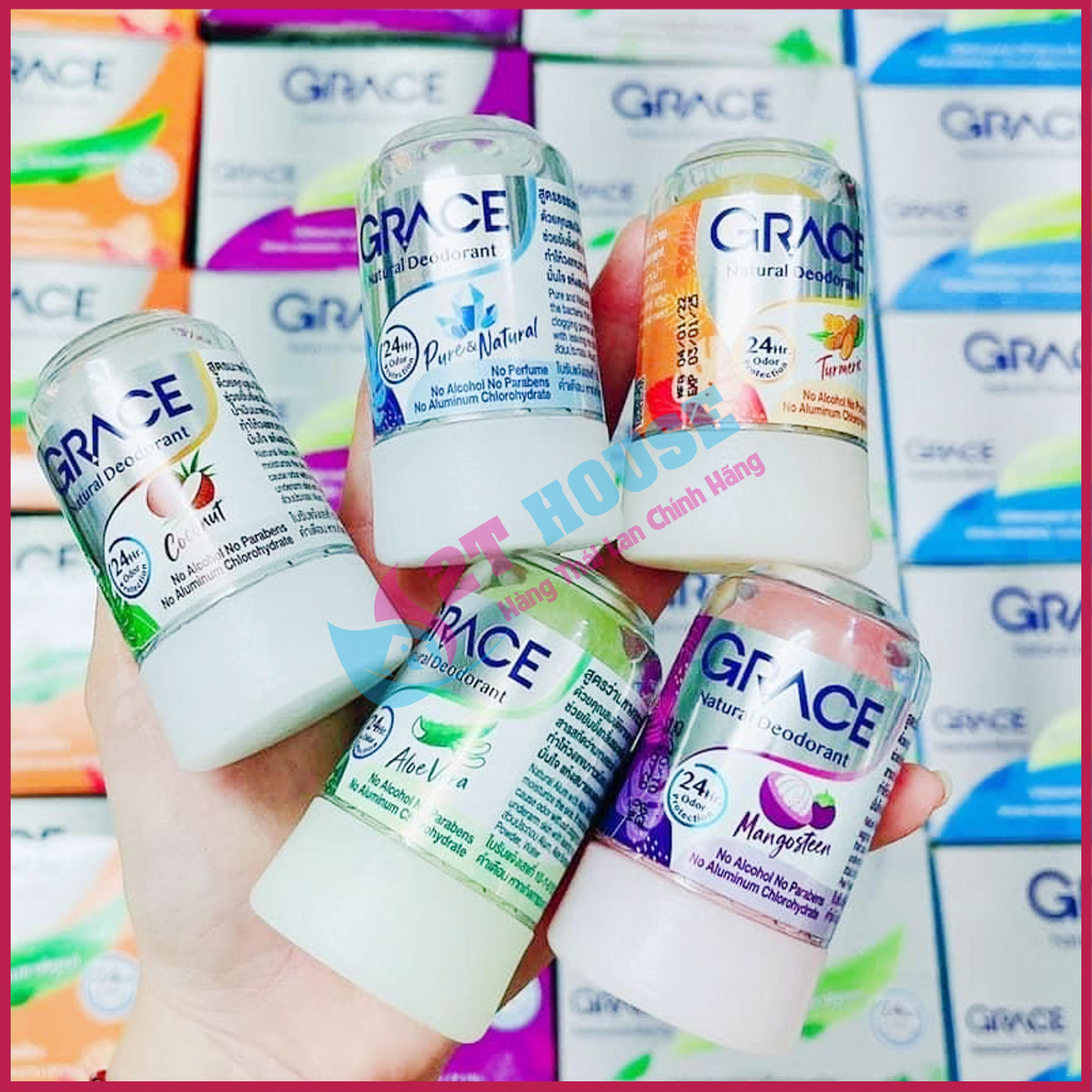 Lăn nách khử mùi đá khoáng hương tự nhiên/nha đam/măng cụt/dừa/nghệ Natural Deodorant Grace Thái Lan chai 70g 2T House