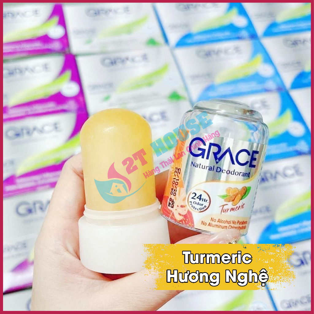 Lăn nách khử mùi đá khoáng hương tự nhiên/nha đam/măng cụt/dừa/nghệ Natural Deodorant Grace Thái Lan chai 70g 2T House