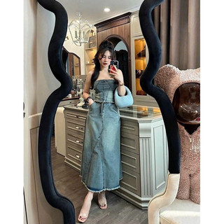 SET JEAN MỀM ÁO CUP + CHÂN VÁY DÀI - kèm ảnh thật cận chất