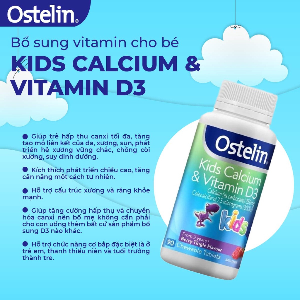 Canxi & vitamin D Ostelin Kids Úc cho bé từ 2 tuổi (90 viên)
