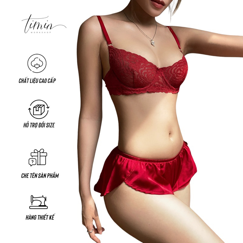 TM21 Set Đỏ Quần Bèo Nội Y Ren Không Lót Không Mút Thiết Kế TIMIN.WORKSHOP