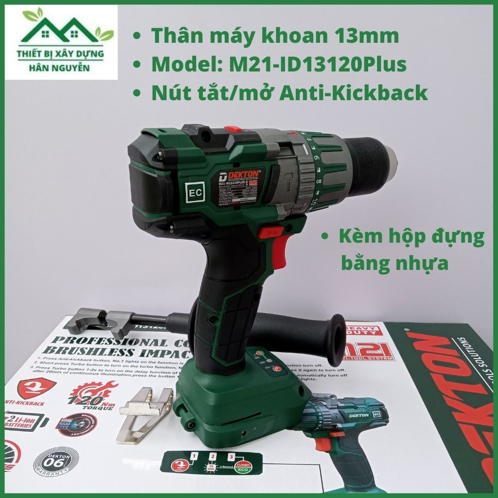 Thân máy khoan pin Dekton M21-ID13120PLUS không chổi than,đầu 13mm 21V có 3 chức năng,kèm hộp đựng bằng nhựa