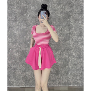 Set bộ gân đùi áo cổ tròn sọc ngang phối quần đùi xòe trơn, chất thun gân mềm ls