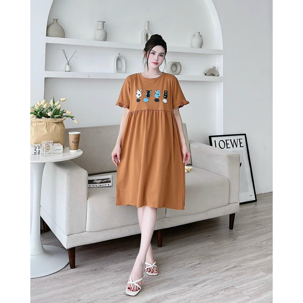 Váy bầu cộc tay quấn bèo chất cotton in hình con mèo