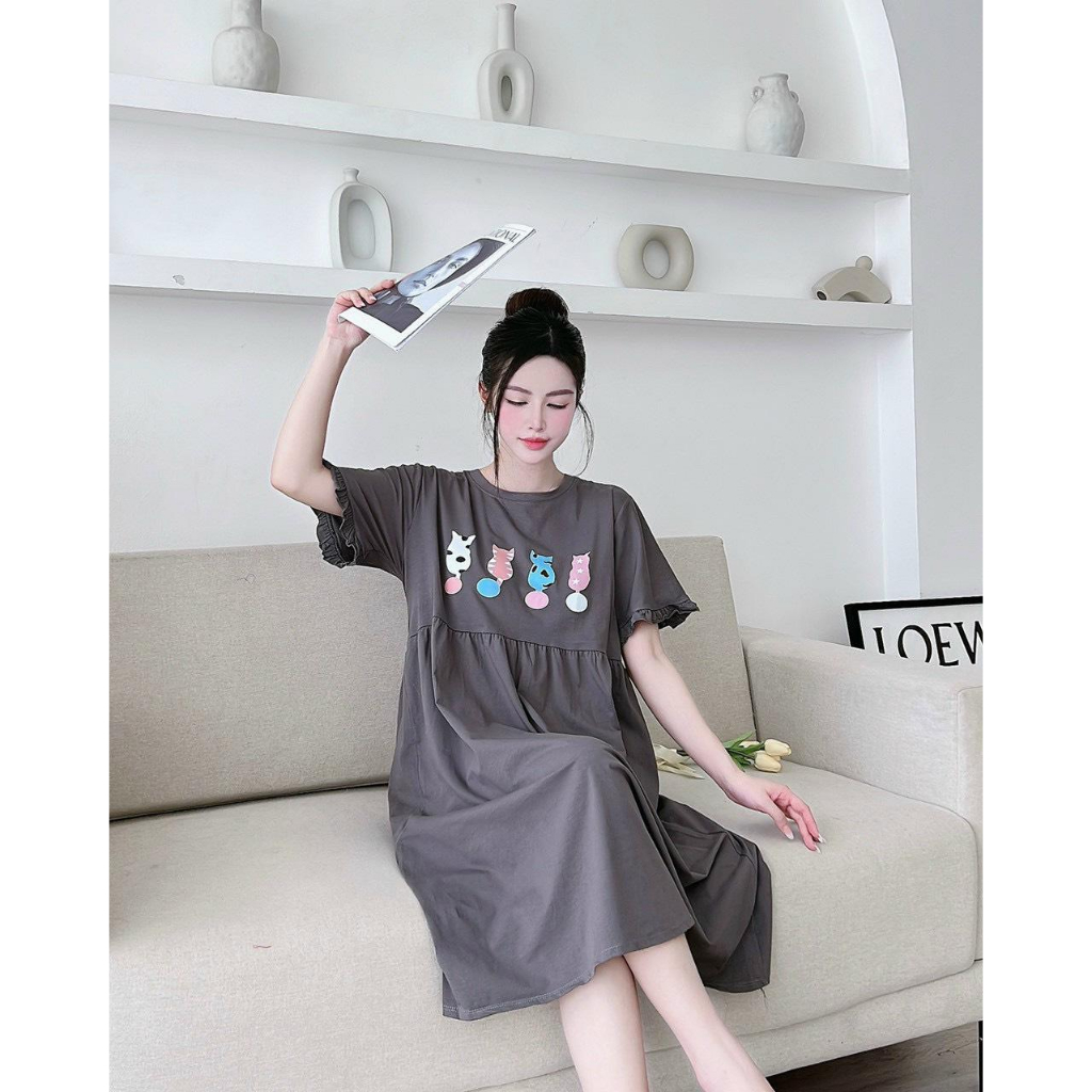 Váy bầu cộc tay quấn bèo chất cotton in hình con mèo