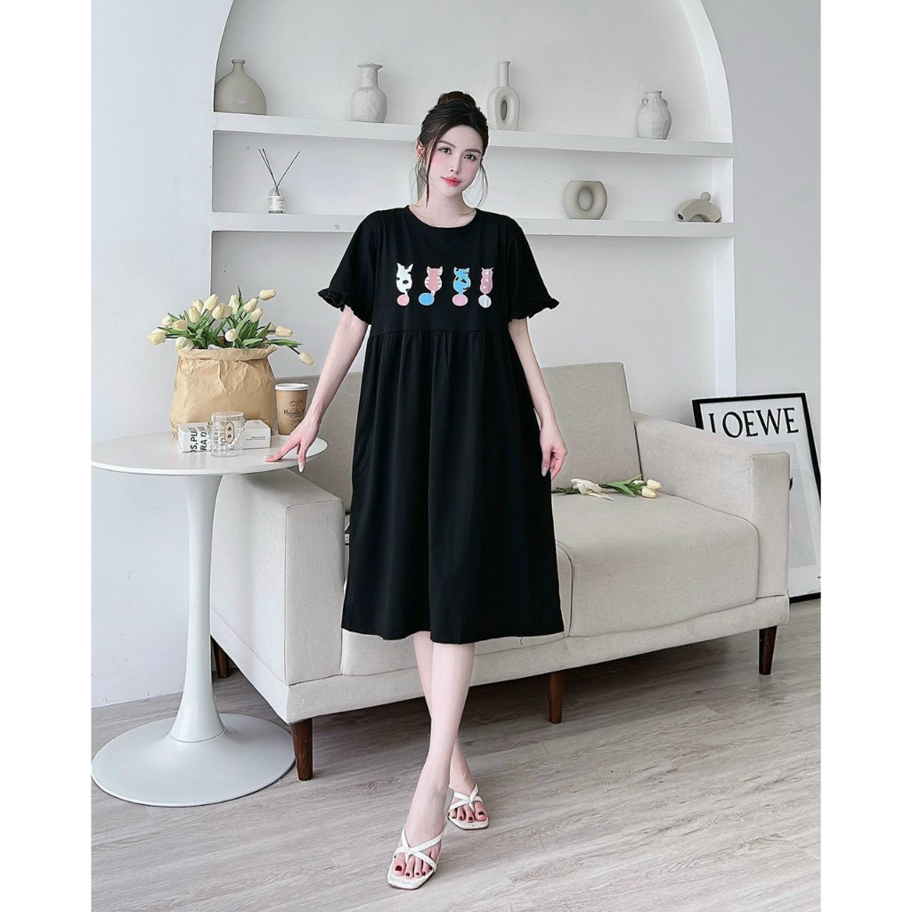Váy bầu cộc tay quấn bèo chất cotton in hình con mèo