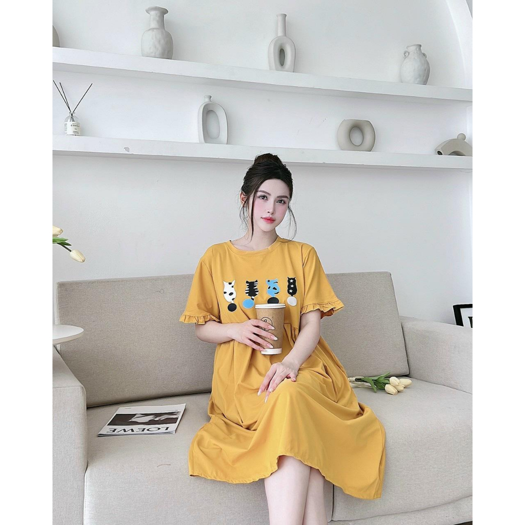 Váy bầu cộc tay quấn bèo chất cotton in hình con mèo